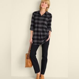Soft surroundings black gray buffalo check flannel popover tunic XS